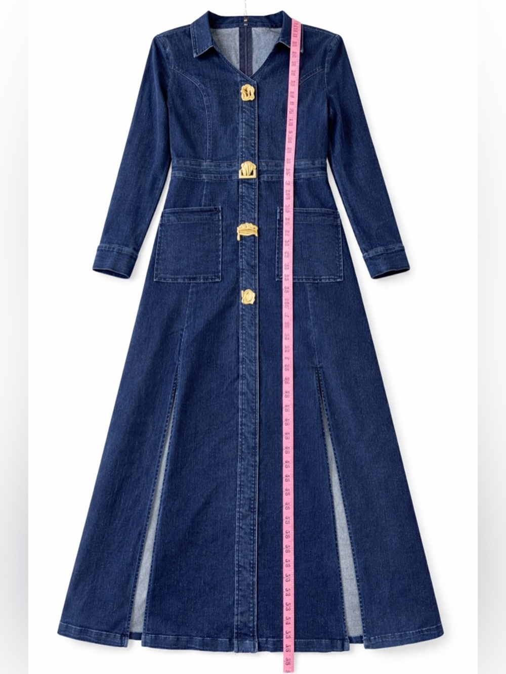 Indigo Denim Maxi Dress w/ Gold Buttons | Tailored Fit | Chic Luxe - Picture 16 of 16